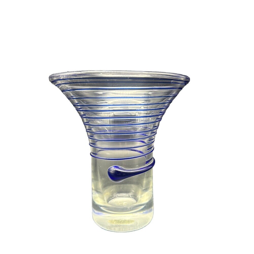 VTG Clear Glass Vase‎ W/ Applied Cobalt BLUE Swirl Spiral  6”T 5.5” D